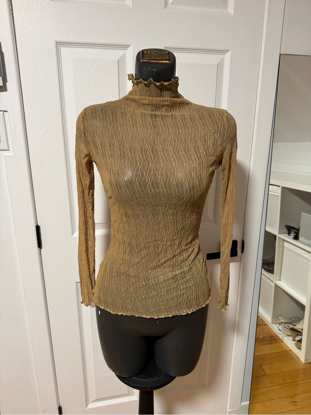Sheer Textured Long-Sleeve Mock Neck Top in Camel